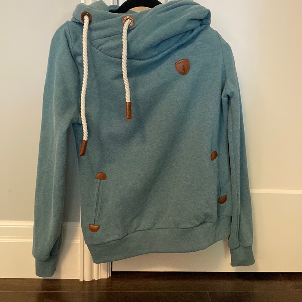 Wanakome Blue Cowl Neck Sweater with Brown Accents